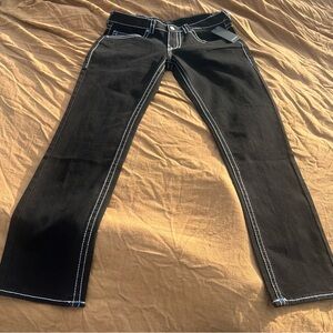 NWT True Religion Ricky Relaxed Straight Black Jeans White Contrast Stitch 36x34